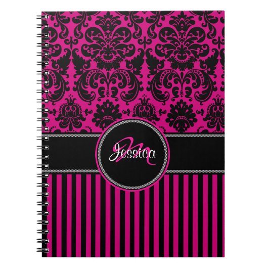 Gepersonaliseerde roze zwarte witte stripte Damask Notitieboek (Voorkant)