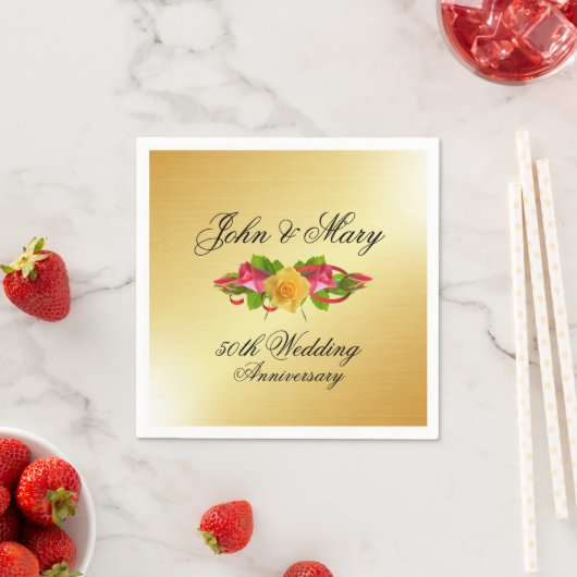 Gepersonaliseerde Rozen & gouden 50e bruiloft Jubi Servet (Insitu)