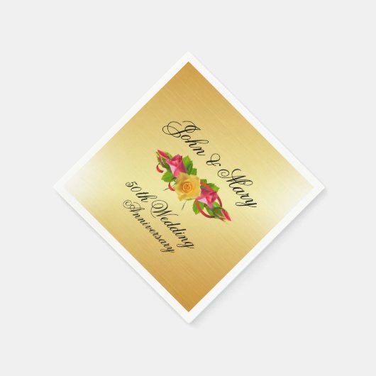 Gepersonaliseerde Rozen & gouden 50e bruiloft Jubi Servet (Hoek)