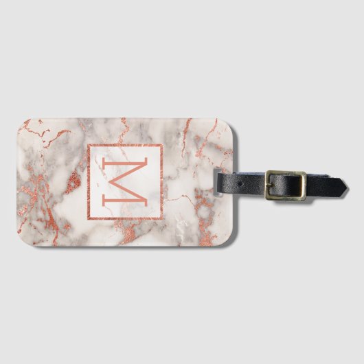 Gepersonaliseerde rozen gouden monogram marmer bagagelabel (Voorkant (horizontaal))