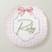 Gepersonaliseerde Ruby Baby Girl Nursery Bow & Gin Rond Kussen (Voorkant)