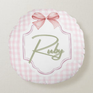 Gepersonaliseerde Ruby Baby Girl Nursery Bow & Gin Rond Kussen