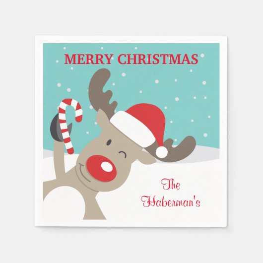 Gepersonaliseerde Rudolph Reindeer met snoepriet Servet (Voorkant)