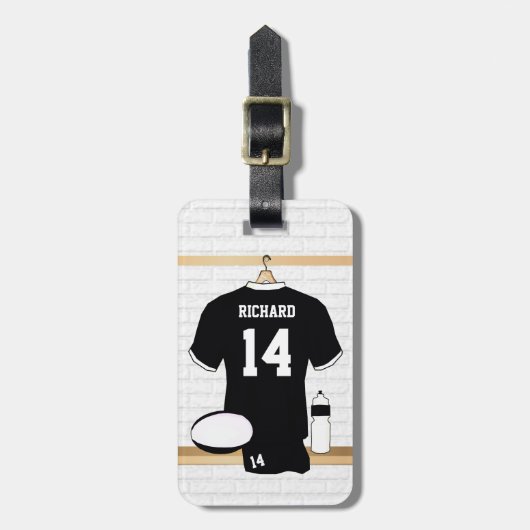 Gepersonaliseerde Rugby Jersey Black en White Bagagelabel (Voorkant verticaal)