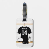 Gepersonaliseerde Rugby Jersey Black en White Bagagelabel (Achterkant verticaal)