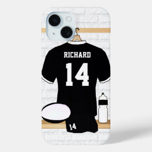Gepersonaliseerde Rugby Jersey Black en White iPhone 15 Case