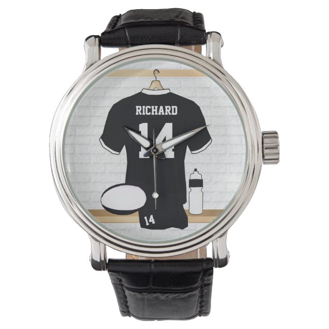 Gepersonaliseerde Rugby Jersey Black en White Horloge (Voorkant)