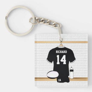 Gepersonaliseerde Rugby Jersey Black en White Sleutelhanger
