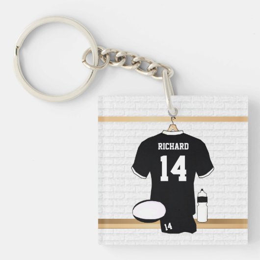 Gepersonaliseerde Rugby Jersey Black en White Sleutelhanger (Voorkant)