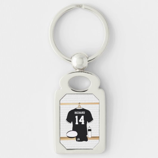 Gepersonaliseerde Rugby Jersey Black en White Sleutelhanger (Voorkant)