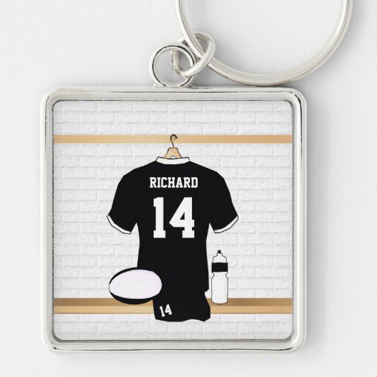 Gepersonaliseerde Rugby Jersey Black en White Sleutelhanger (Voorkant)