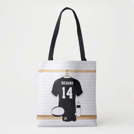 Gepersonaliseerde Rugby Jersey Black en White Tote Bag (Voorkant)
