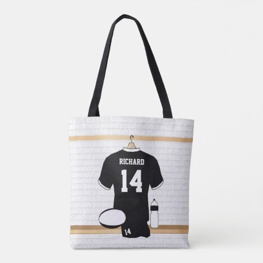 Gepersonaliseerde Rugby Jersey Black en White Tote Bag (Achterkant)