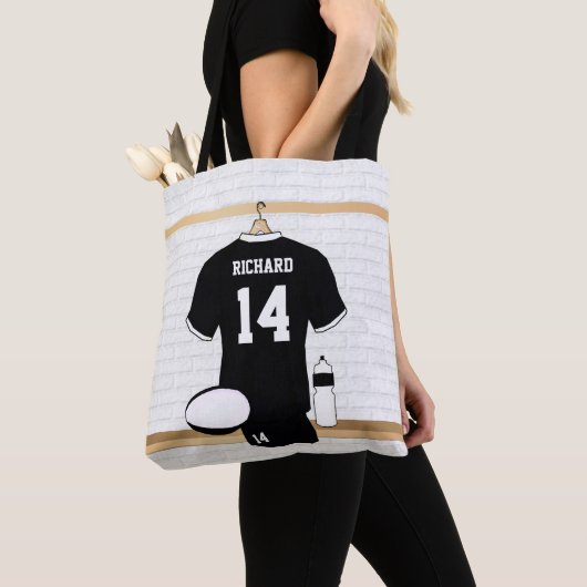 Gepersonaliseerde Rugby Jersey Black en White Tote Bag (Dichtbij)