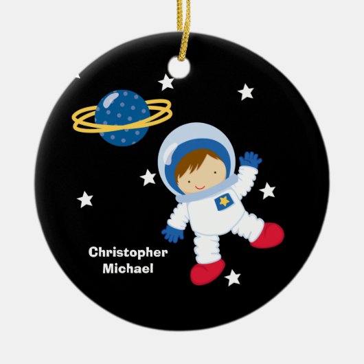 Gepersonaliseerde ruimteastronaut jongen's versier keramisch ornament (Voorkant)