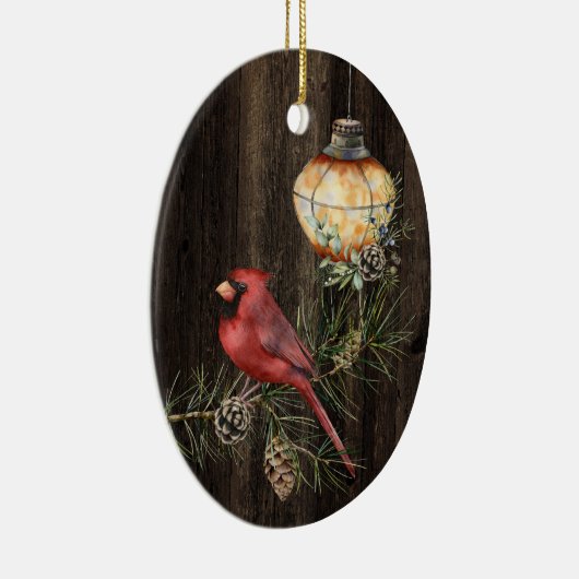 Gepersonaliseerde Rustic Lantern en Redbird Kerstm Keramisch Ornament (Rechts)