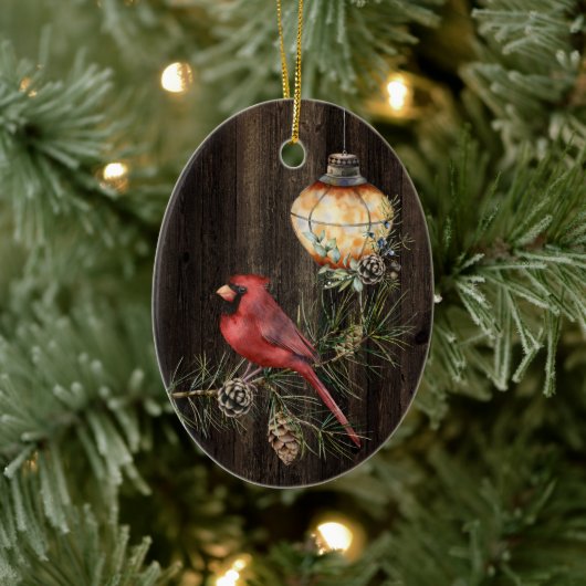 Gepersonaliseerde Rustic Lantern en Redbird Kerstm Keramisch Ornament (Boom)