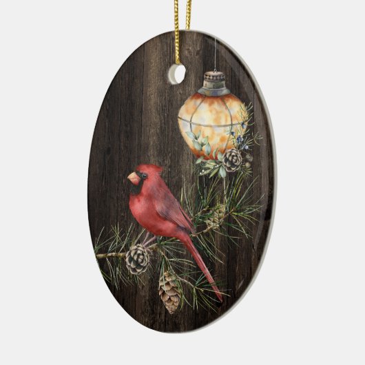Gepersonaliseerde Rustic Lantern en Redbird Kerstm Keramisch Ornament (Links)