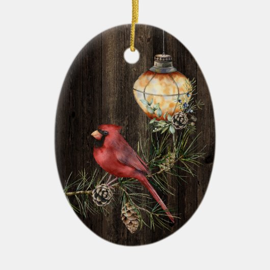 Gepersonaliseerde Rustic Lantern en Redbird Kerstm Keramisch Ornament (Voorkant)
