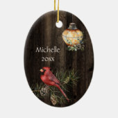 Gepersonaliseerde Rustic Lantern en Redbird Kerstm Keramisch Ornament (Achterkant)