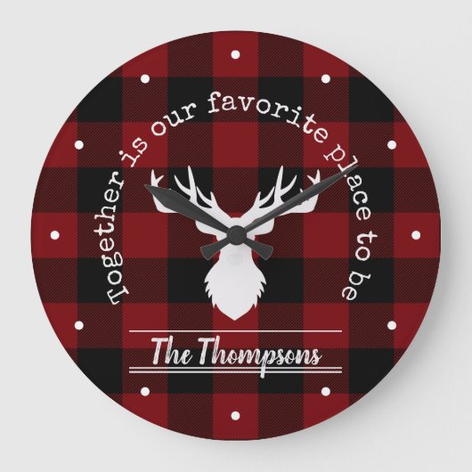 Gepersonaliseerde Rustic Red en Black Buffalo Plai Grote Klok (Voorkant)