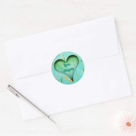 Gepersonaliseerde rustieke Aqua Green Heart Ronde Sticker (Envelop)