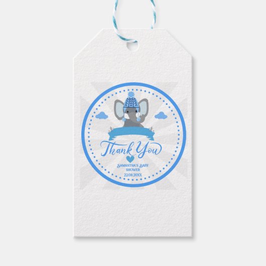 Gepersonaliseerde rustieke Blue Elephant boy Baby Cadeaulabel (Voorkant)