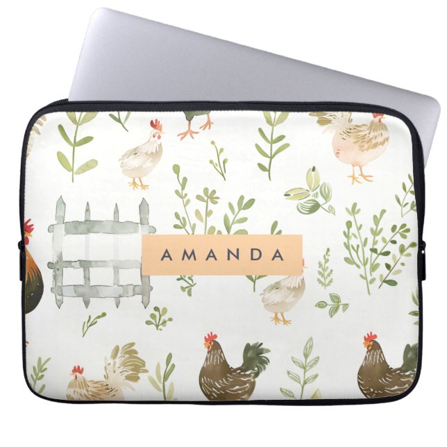 Gepersonaliseerde rustieke boerderij kip en groen laptop sleeve (Voorkant)