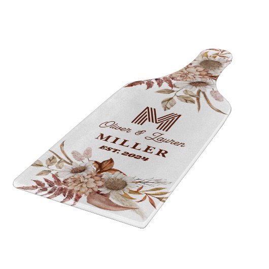 Gepersonaliseerde rustieke Boho Floral Monogram pa Snijplank (Hoek)