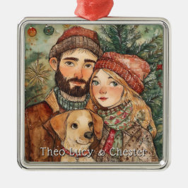 Gepersonaliseerde rustieke eerste familie kerstcad metalen ornament
