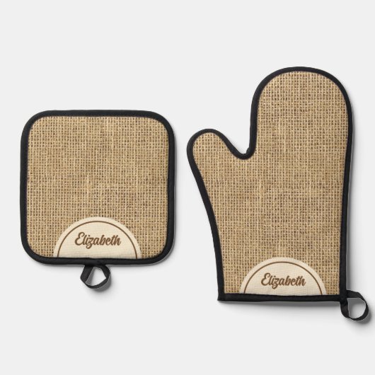 Gepersonaliseerde rustieke gesimuleerde jute ovenwant & pannenlap set (Voorkant)