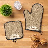 Gepersonaliseerde rustieke gesimuleerde jute ovenwant & pannenlap set (Top down)