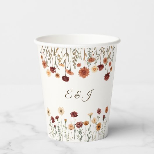 Gepersonaliseerde rustieke Herfst Bloemen Trouwpap Papieren Bekers (Achterkant)