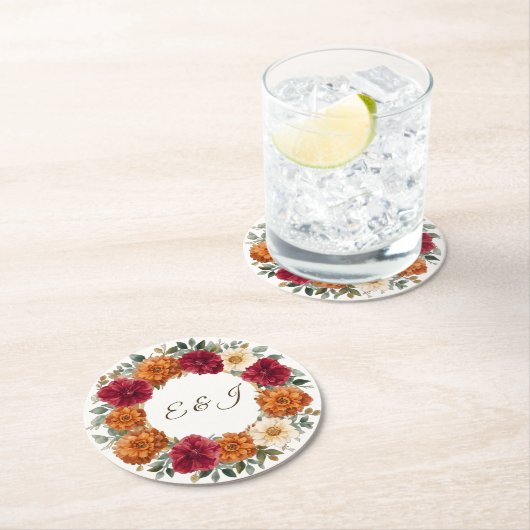Gepersonaliseerde rustieke Herfst bloemenbruiloft Ronde Kartonnen Onderzetter (Insitu)
