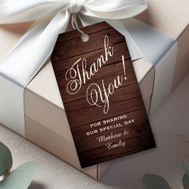 Gepersonaliseerde rustieke hout dank u bruiloft gu cadeaulabel