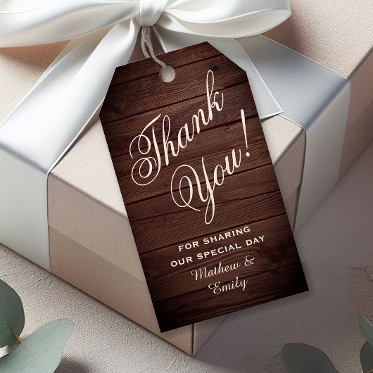 Gepersonaliseerde rustieke hout dank u bruiloft gu cadeaulabel