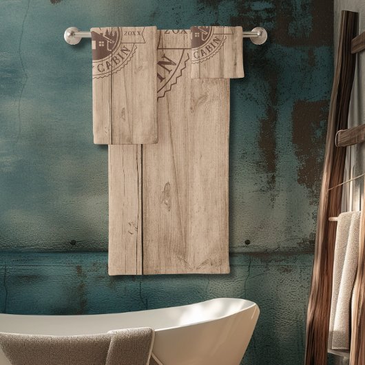 Gepersonaliseerde rustieke houten familie cabine bad handdoek