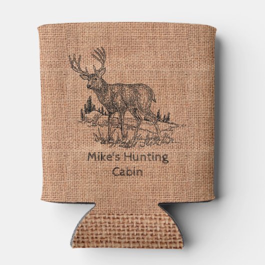Gepersonaliseerde rustieke jute met hertenillustra blikjeskoeler (Achterkant)
