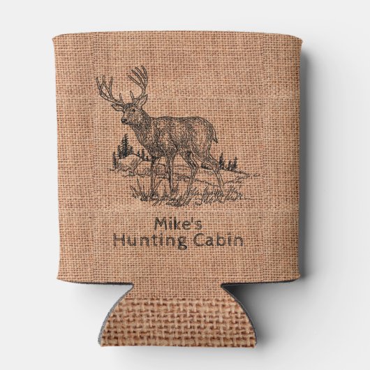 Gepersonaliseerde rustieke jute met hertenillustra blikjeskoeler (Achterkant)