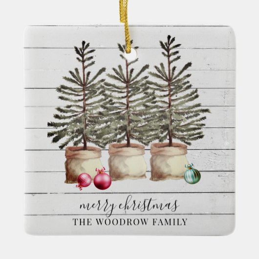 Gepersonaliseerde rustieke kerstbomen hout vakanti keramisch ornament (Voorkant)