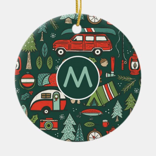 Gepersonaliseerde rustieke kerstcamping keramisch ornament (Voorkant)