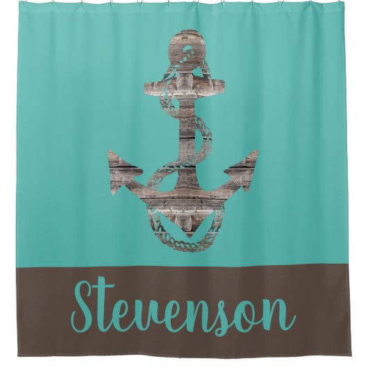 Gepersonaliseerde rustieke nautische ANKER blauwgr Douchegordijn (Voorkant)