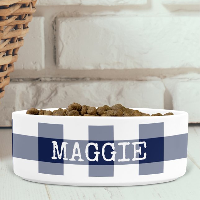 Gepersonaliseerde Rustieke Navy Blauwe Gingham Pla Voerbakje (Creator heeft geüpload)