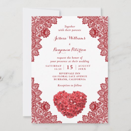 Gepersonaliseerde rustieke rode kant bloemenbruilo kaart (Voorkant)
