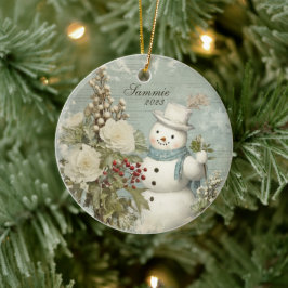 Gepersonaliseerde rustieke sneeuwman kerst keramisch ornament