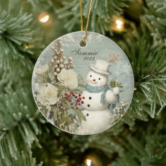 Gepersonaliseerde rustieke  sneeuwman kerst keramisch ornament (Boom)