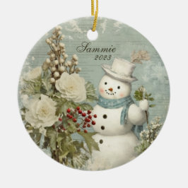Gepersonaliseerde rustieke  sneeuwman kerst keramisch ornament