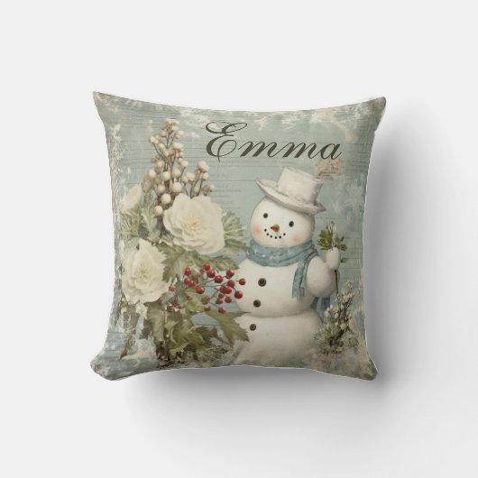 Gepersonaliseerde rustieke  sneeuwman kerst kussen (Voorkant)