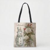 Gepersonaliseerde rustieke  sneeuwman kerst tote bag (Voorkant)