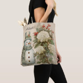 Gepersonaliseerde rustieke  sneeuwman kerst tote bag (Dichtbij)